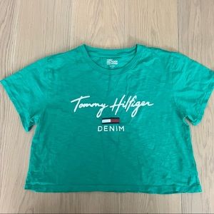 Tommy Hilfiger green short sleeve t-shirt crop top logo size large white